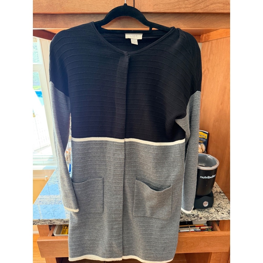 LOFT Outlet Colorblock Longline Cardigan Sweater Dress Size S Black Gray White